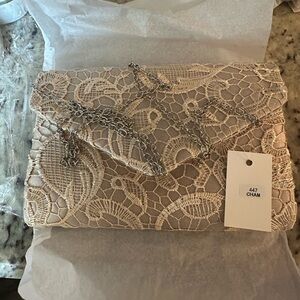 Elegant Champagne Lace Clutch with Chain